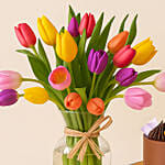 Heavenly Multicoloured Tulips Vase and Cake
