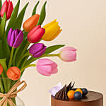 Heavenly Multicoloured Tulips Vase and Cake