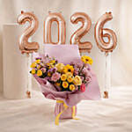 Cheerful Yellow & Pink Flowers Bouquet With Balloons
