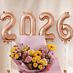 Cheerful Yellow & Pink Flowers Bouquet With Balloons