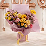 Cheerful Yellow & Pink Flowers Bouquet With Balloons