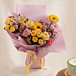 Cheerful Yellow & Pink Flowers Bouquet With Cake