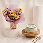Cheerful Yellow & Pink Flowers Bouquet With Cakes