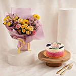 Cheerful Yellow & Pink Flowers Bouquet and Chocolate Cake