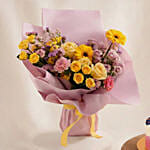 Cheerful Yellow & Pink Flowers Bouquet and Chocolate Cakes
