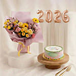 Cheerful Yellow & Pink Flowers Bouquet Cake n Balloons Combo