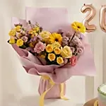 Cheerful Yellow & Pink Flowers Bouquet Cake n Balloons Combo