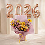Cheerful Yellow & Pink Flowers Bouquets With Balloons