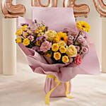 Cheerful Yellow & Pink Flowers Bouquet With Balloons