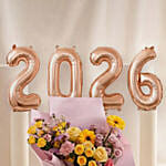 Cheerful Yellow & Pink Flowers Bouquets With Balloons