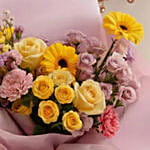 Cheerful Yellow & Pink Flowers Bouquet With Balloons