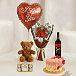 Adorable Love Gift Combo Arrangement with Cake and Wine