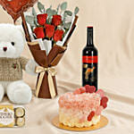 Adorable Love Gift Combo Arrangement with Cake and Wine