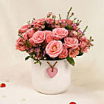 Pink Perfection Blooms Roses in White Heart Vase