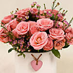 Pink Perfection Blooms Roses in White Heart Vase