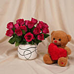 Romantic Dark Pink Roses & Teddy