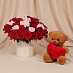 Roses and Carnations in Premium Vase & Teddy