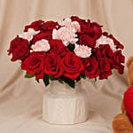 Roses and Carnations in Premium Vase & Teddy