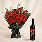 Beautiful Bouquet Of 24 Red Roses with Wine For Valentines