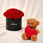 Box of Red Roses with Teddy