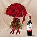 Valentines 99 Red Roses Bouquet with Wine