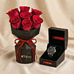 Red Roses and Wrist Watch Valentine Gift For Her