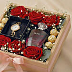 Valentine Gift Box For Her - Red Roses, Perfume & Chocolates