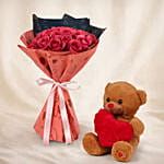 35 Dark Pink Roses Valentines Bouquet with Teddy
