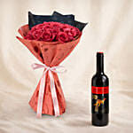 35 Dark Pink Roses Valentines Bouquet with Wine