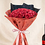35 Dark Pink Roses Valentines Bouquet with Wine