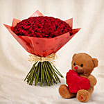 75 Dark Pink Roses Valentines Bouquet with Teddy
