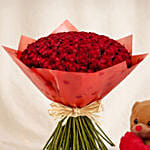 75 Dark Pink Roses Valentines Bouquet with Teddy