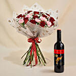 Carnation & Red Roses Bouquet with Wine