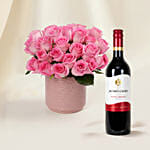 Premium Vase Pink Rose Valentine’s Gift with Wine