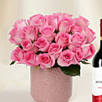 Premium Vase Pink Rose Valentine’s Gift with Wine