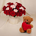 Roses and Carnations in Premium Vase with Teddy