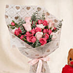 Roses & Carnation Blush Bouquet with Teddy