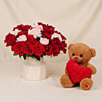 Roses and Carnations in Premium Vase & Teddy