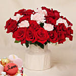 Roses and Carnations in Premium Vase with Cake