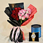 24 Red & Pink Roses Valentines Bouquet and Watch For Him