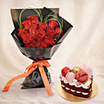 15 Red Roses Bouquet for Valentine's Day with Cake