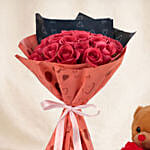 35 Dark Pink Roses Valentine's Bouquet with Teddy Bear