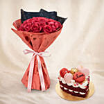 35 Dark Pink Roses Valentine's Day Bouquet with Cake