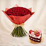75 Dark Pink Roses Valentine's Day Bouquet with Cake