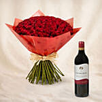 75 Dark Pink Roses Valentine's Day Bouquet with Wine