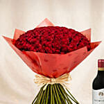 75 Dark Pink Roses Valentine's Day Bouquet with Wine