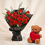 Beautiful Boquet Of 24 Red Roses With Teddy Bear
