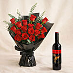 Beautiful Bouquet Of 24 Red Roses with Wine For Valentine's Day