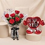 Bouquet of 6 Red Roses With Hugging Heart for Vday