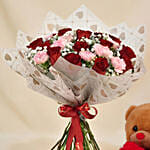 Carnation n Red Roses Bouquet with Teddy